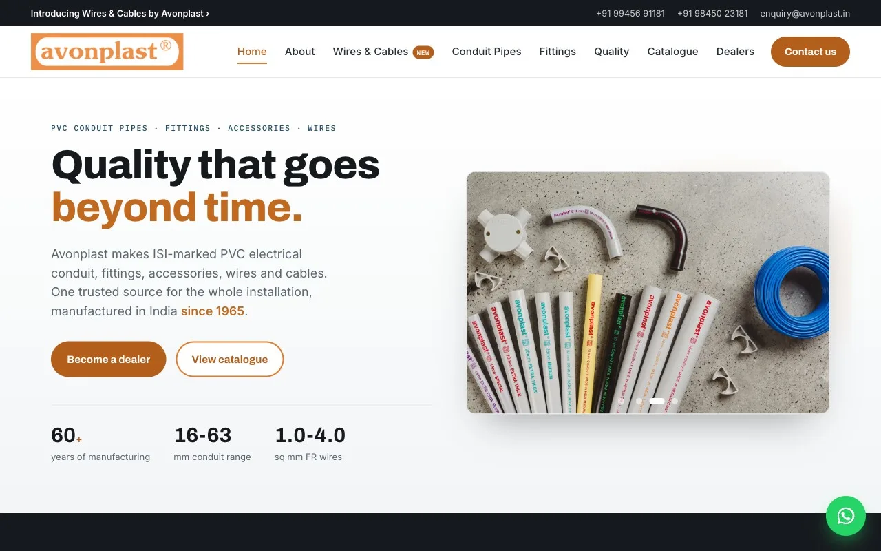 Avonplast website homepage with product hero and navigation