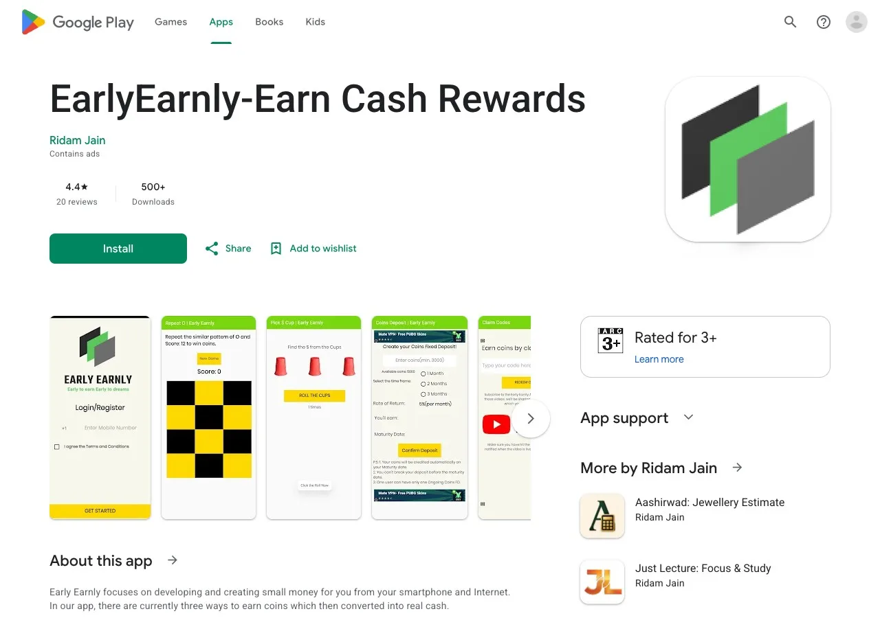 EarlyEarnly listing on Google Play