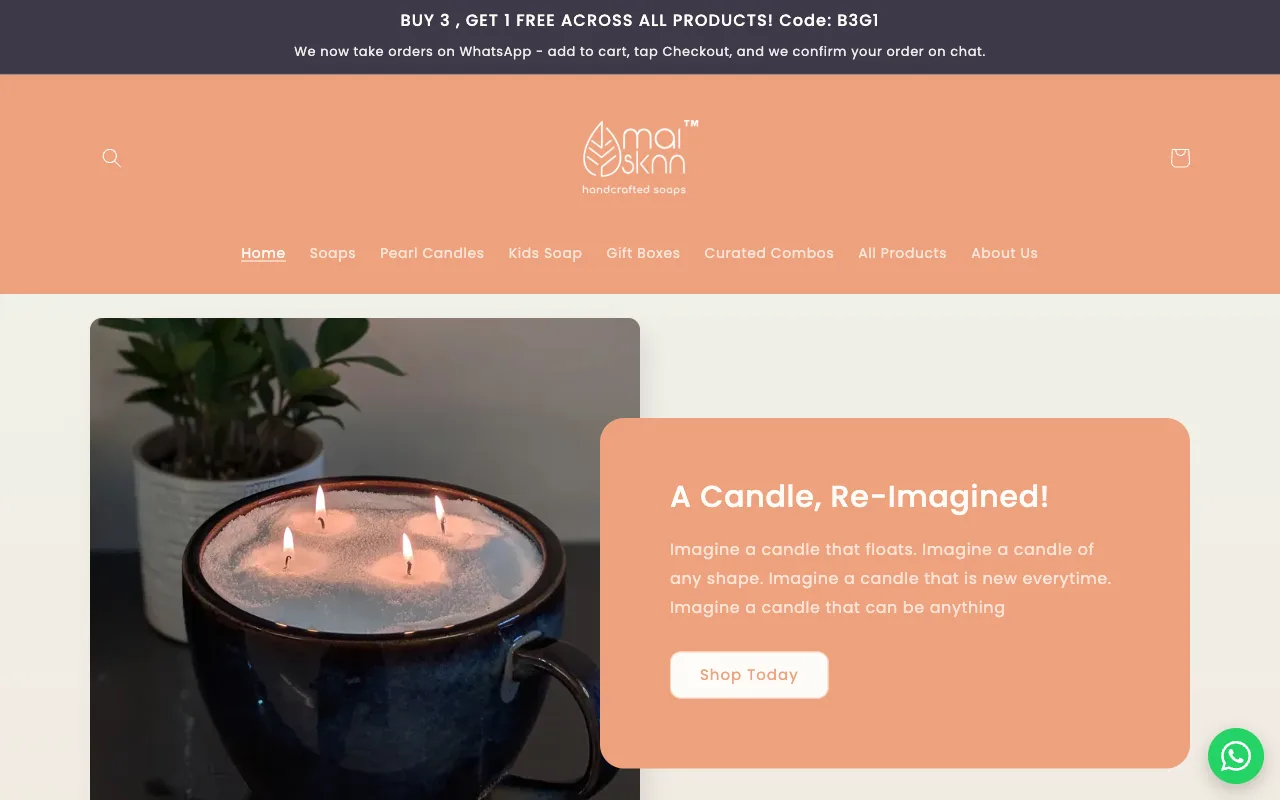 Mai Sknn storefront homepage with the candle hero banner and product menu