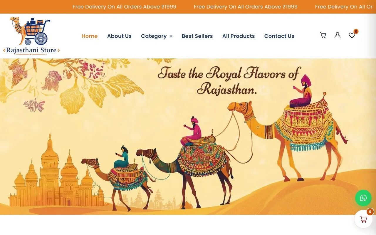 Rajasthani Store homepage with camel illustration banner